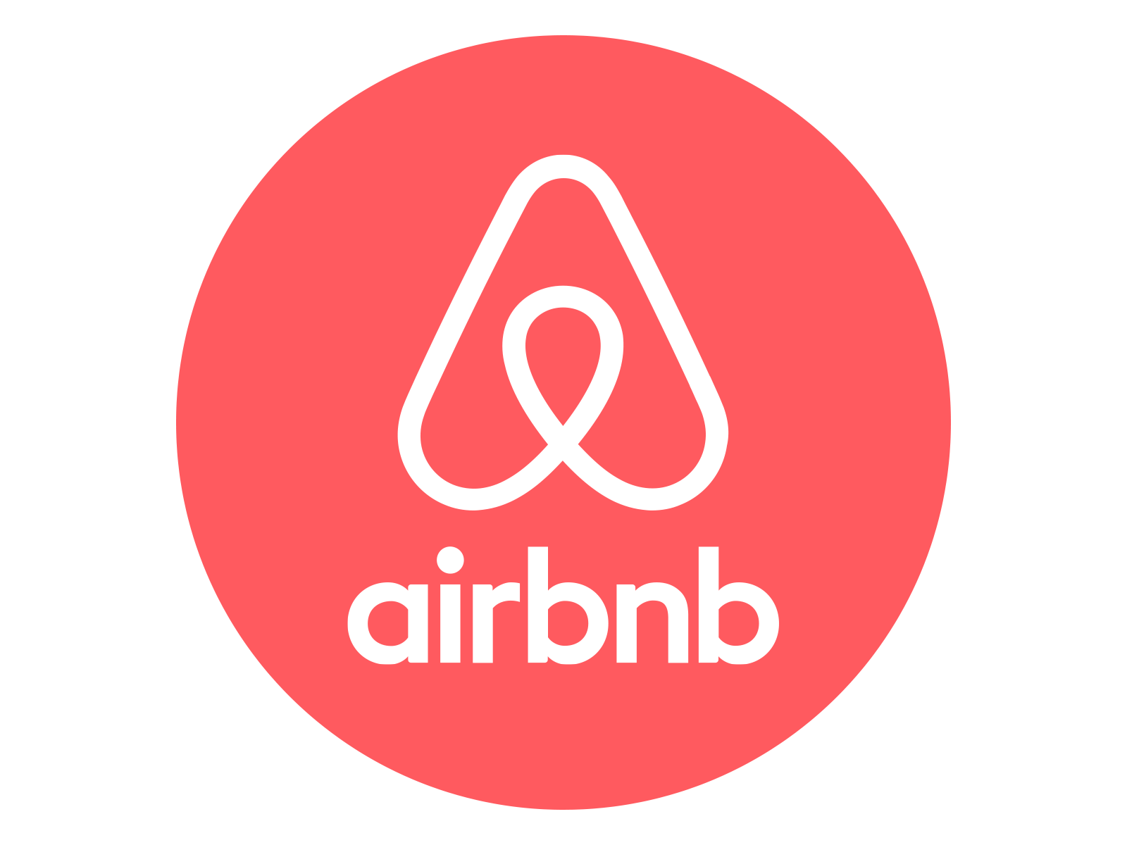 Airbnb logo featuring a white abstract symbol above the word "airbnb" in lowercase, set against a pink circular background.