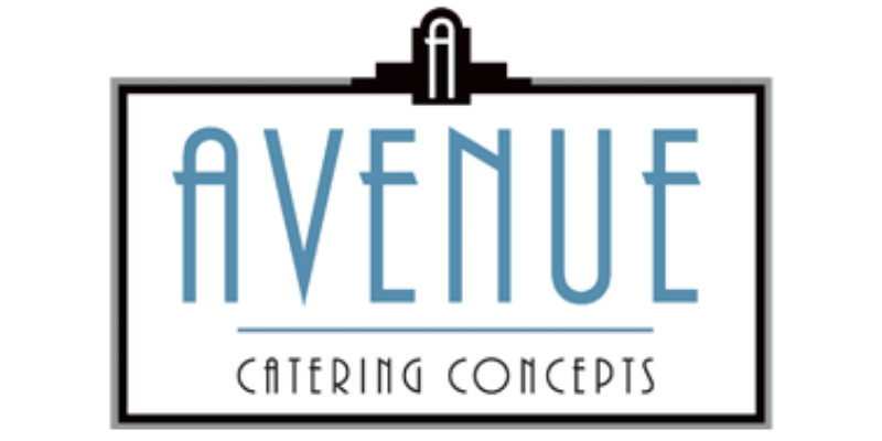 A rectangular logo with the words "Avenue Catering Concepts" in blue and black text, featuring a stylized black and white building graphic at the top.