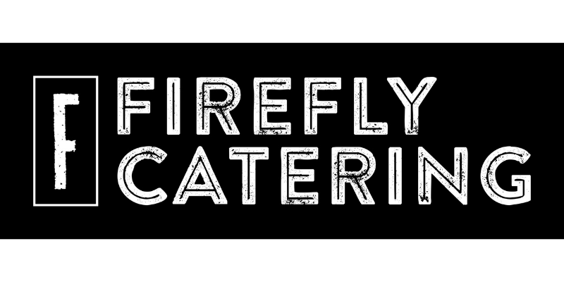 Firefly Catering logo with a large “F” in a rectangle on the left and “Firefly Catering” in bold, distressed white text on a black background.