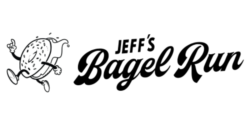 Logo for "Jeff's Bagel Run" featuring a running bagel cartoon character with arms, legs, and a smiling face, next to the stylized text.