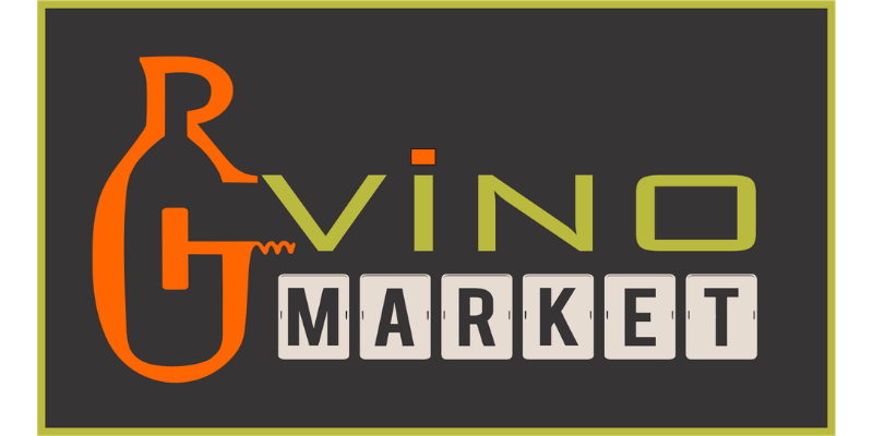 Logo for "Vino Market" with a wine bottle outline on the left and the words "VINO MARKET" in stylized fonts against a dark background with green and orange accents.