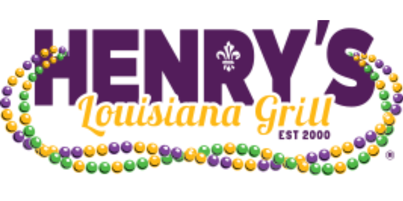 Logo for Henry's Louisiana Grill with purple, gold, and green Mardi Gras beads, and text reading "Henry's Louisiana Grill Est 2000.